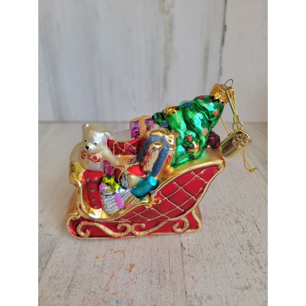 Vintage teddy bear toy bag sled glass clip-on ornament Xmas glitter unique
